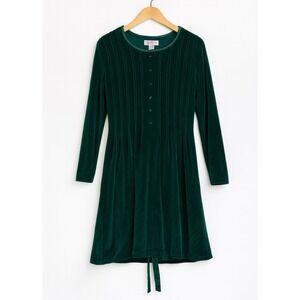90s Vintage FADS Womens sz M Petite Velvet Green Tie Waist Button Dress Witchy